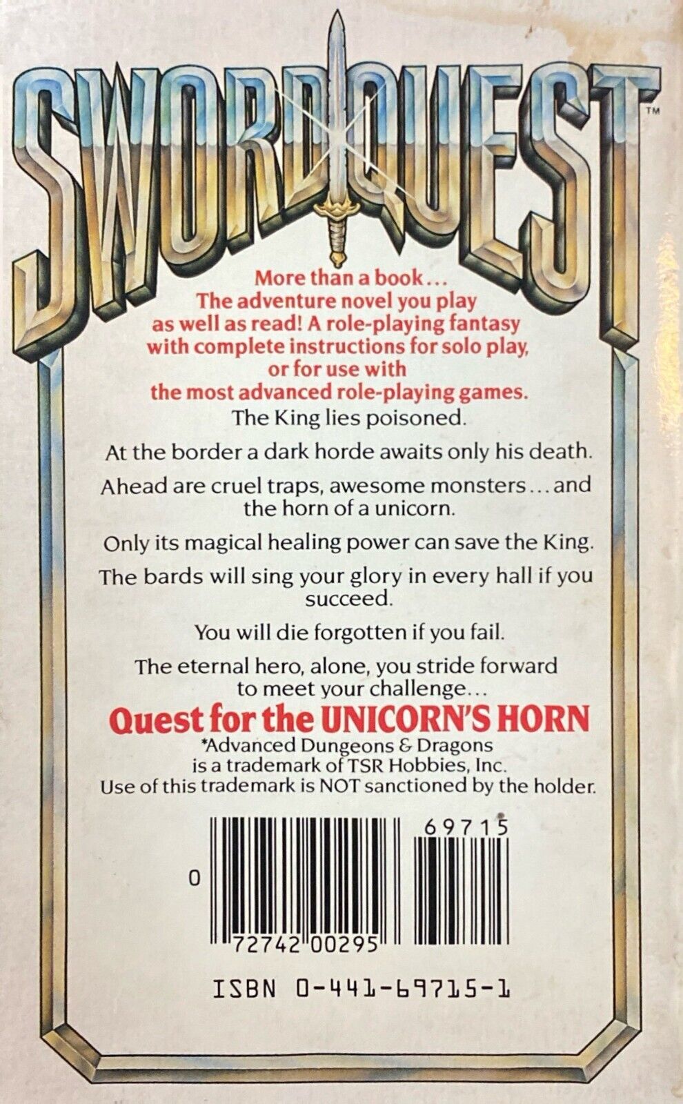 Swordquest: Quest for the Unicorn's Horn by Bill Fawcett 1985 Ace Paperback
