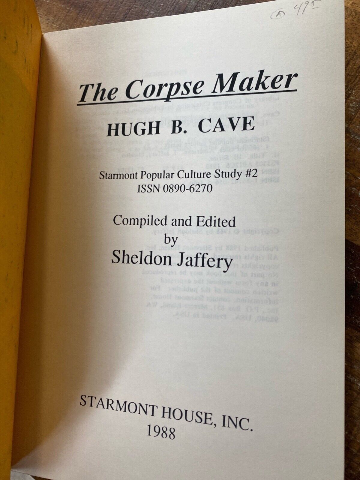 Hugh Cave's The Corpse Maker edited by Sheldon Jaffey 1988 Starmont Paperback