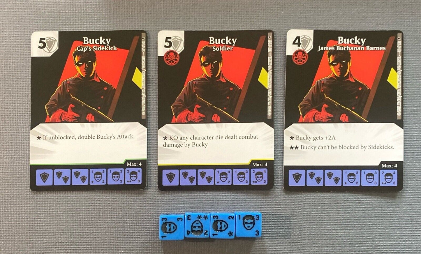 Wizkids Marvel Dice Masters Age of Ultron Bucky CUR Rare Set + 4 dice