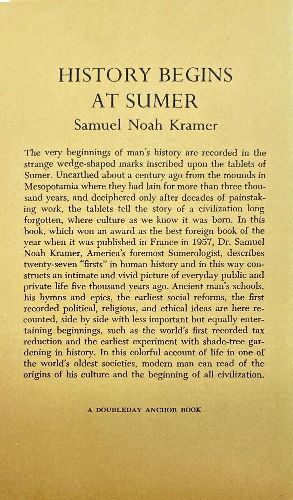 History Begins at Sumer by Samuel Noah Kramer 1959 Anchor A175 Paperback