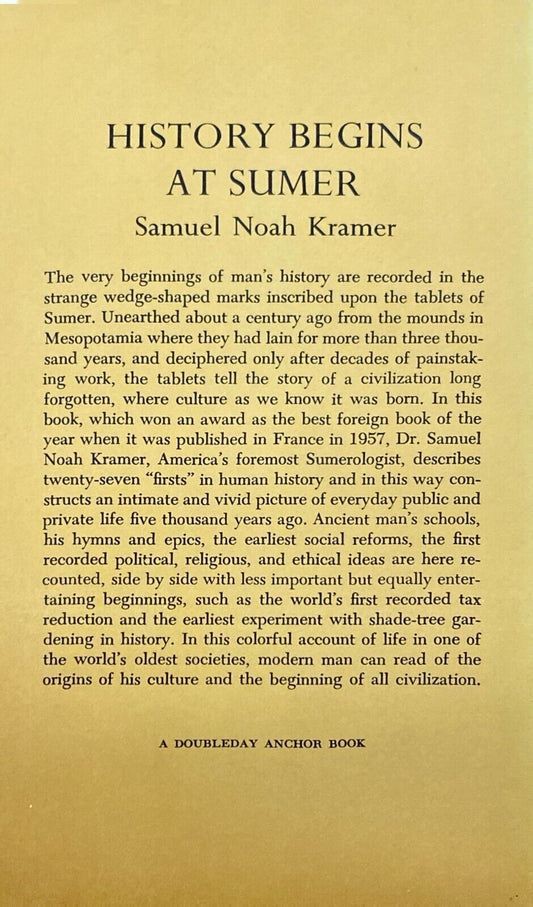 History Begins at Sumer by Samuel Noah Kramer 1959 Anchor A175 Paperback