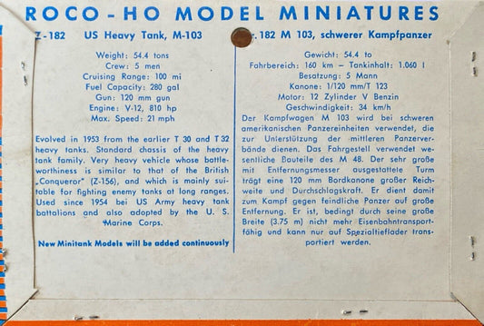 Roco Z-182 US Heavy Tank M-103 (M 103 Schwerer Kampfpanzer) New on Card NOS