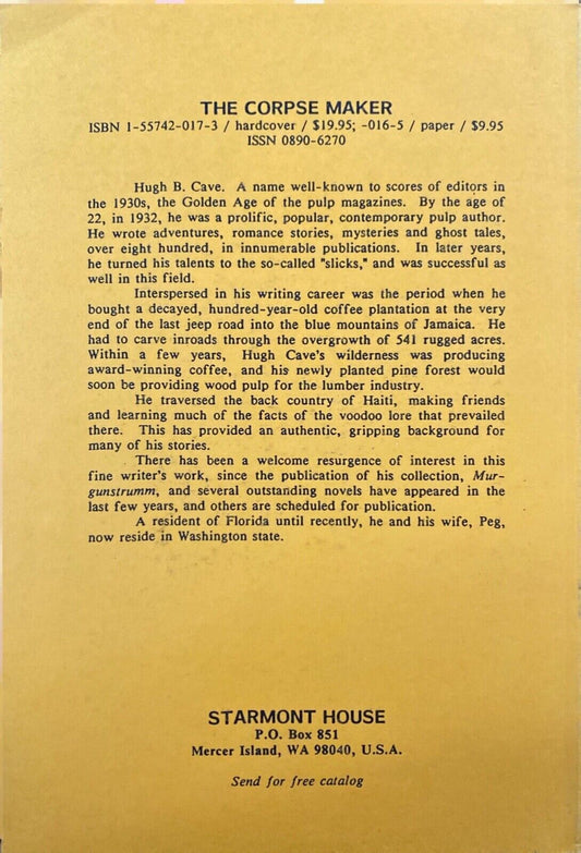 Hugh Cave's The Corpse Maker edited by Sheldon Jaffey 1988 Starmont Paperback