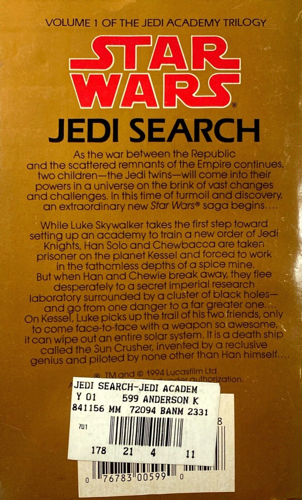 Jedi Search by Kevin J. Anderson 1994 Bantam Spectra Paperback Pre-Legends
