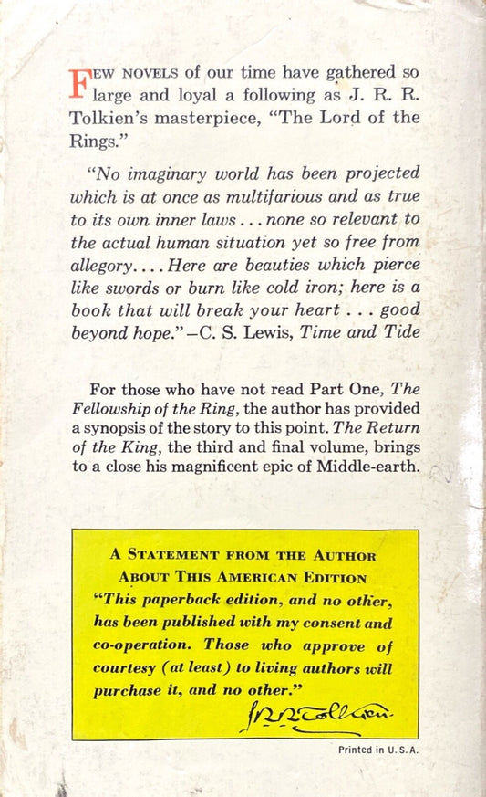 The Two Towers by J.R.R. Tolkien 1971 Ballantine O1534 Paperback