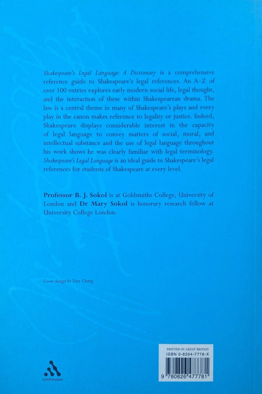 Shakespeare's Legal Language: A Dictionary by B.J. & Mary Sokol 2004 Paperback
