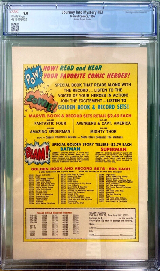 Marvel Comics Journey Into Mystery #83 Golden Record Reprint 1966 CGC 9.0 White