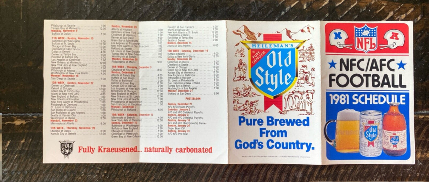 1981 NFL NFC/AFC Football Schedule Pocket Old Style Beer