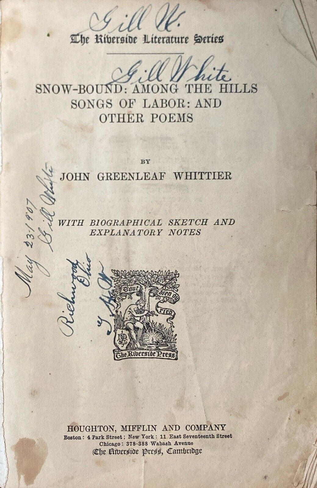 Riverside Literature Series No. 4 Snow-bound, Among the Hills by Whittier 1886