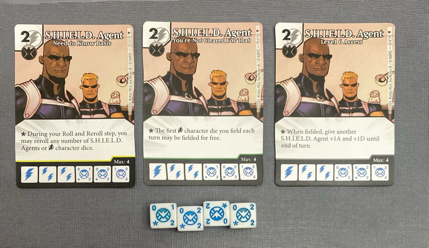 Wizkids Marvel Dice Masters Age of Ultron S.H.I.E.L.D Agent CUR Rare Set +4 dice