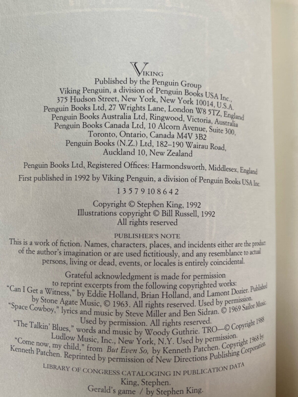 Gerald's Game by Stephen King 1992 Viking Hardcover First Edition