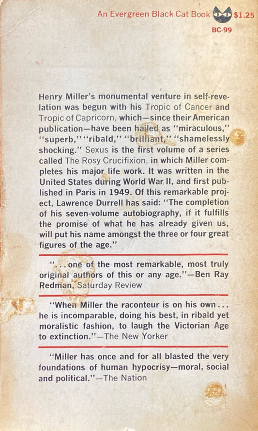 Sexus by Henry Miller 1965 Grove Press BC-99 Paperback First Printing