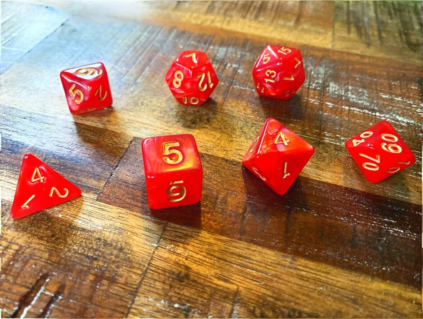 Set of 7 TTRPG Gaming Dice Dungeons & Dragons Pathfinder D20 Red Marble