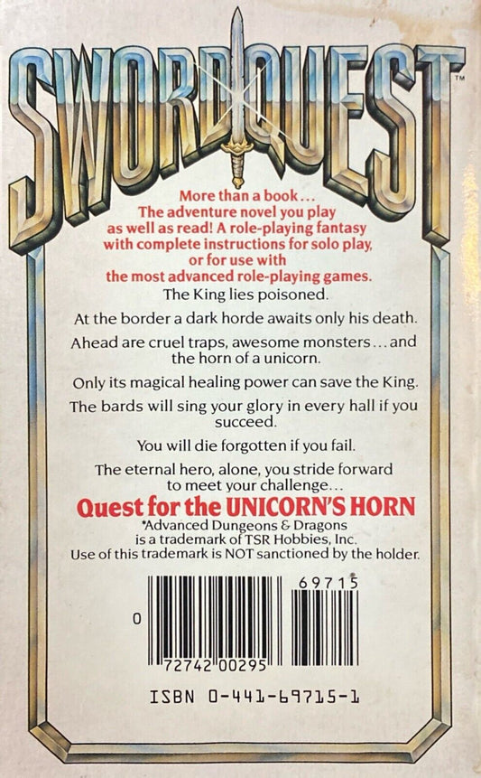 Swordquest: Quest for the Unicorn's Horn by Bill Fawcett 1985 Ace Paperback