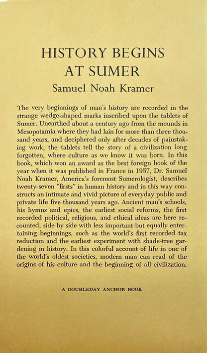 History Begins at Sumer by Samuel Noah Kramer 1959 Anchor A175 Paperback