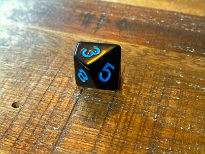 Set of 7 TTRPG Gaming Dice Dungeons & Dragons Pathfinder D20 Black Blue Number
