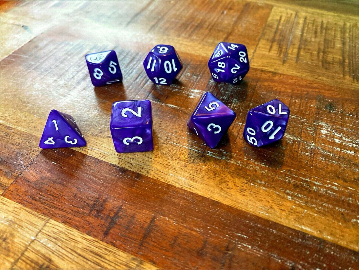 Set of 7 TTRPG Gaming Dice Dungeons & Dragons Pathfinder D20 Purple Marble White