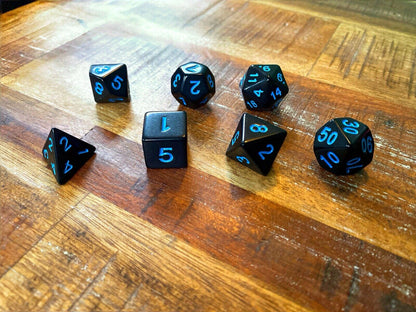 Set of 7 TTRPG Gaming Dice Dungeons & Dragons Pathfinder D20 Black Blue Number