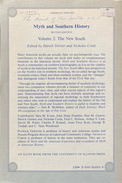 Myth and Southern History Vol. 2: The New South 2nd Edition by Gerster & Cords