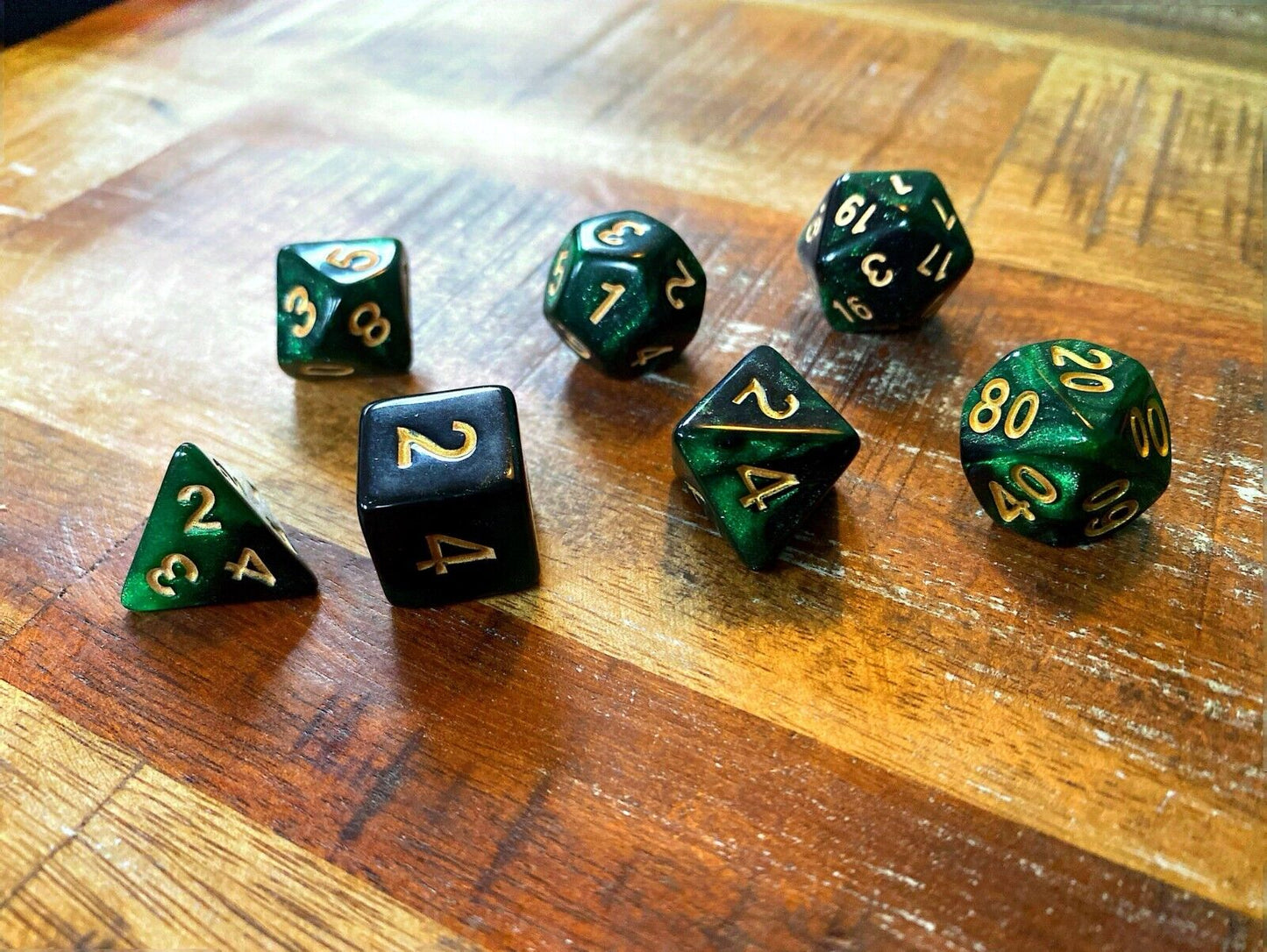 Set of 7 TTRPG Gaming Dice Dungeons & Dragons Pathfinder Forest Green Sparkle