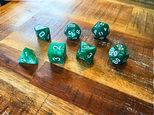 Set of 7 TTRPG Gaming Dice Dungeons & Dragons Pathfinder D20 Green Marble White