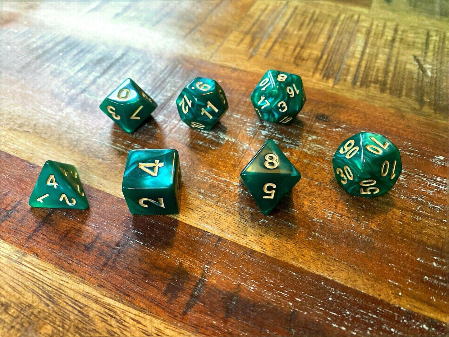 Set of 7 TTRPG Gaming Dice Dungeons & Dragons Pathfinder D20 Green Marble Gold
