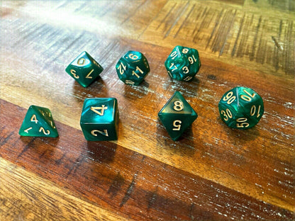 Set of 7 TTRPG Gaming Dice Dungeons & Dragons Pathfinder D20 Green Marble Gold
