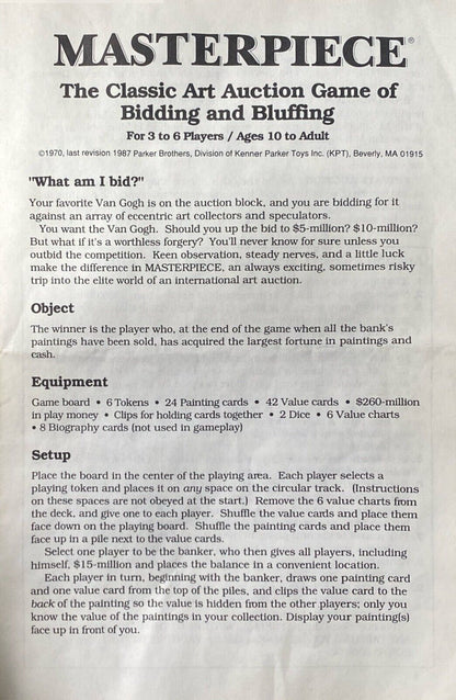 Parker Brothers Masterpiece 99% Complete Art Auction Bidding Game 1987