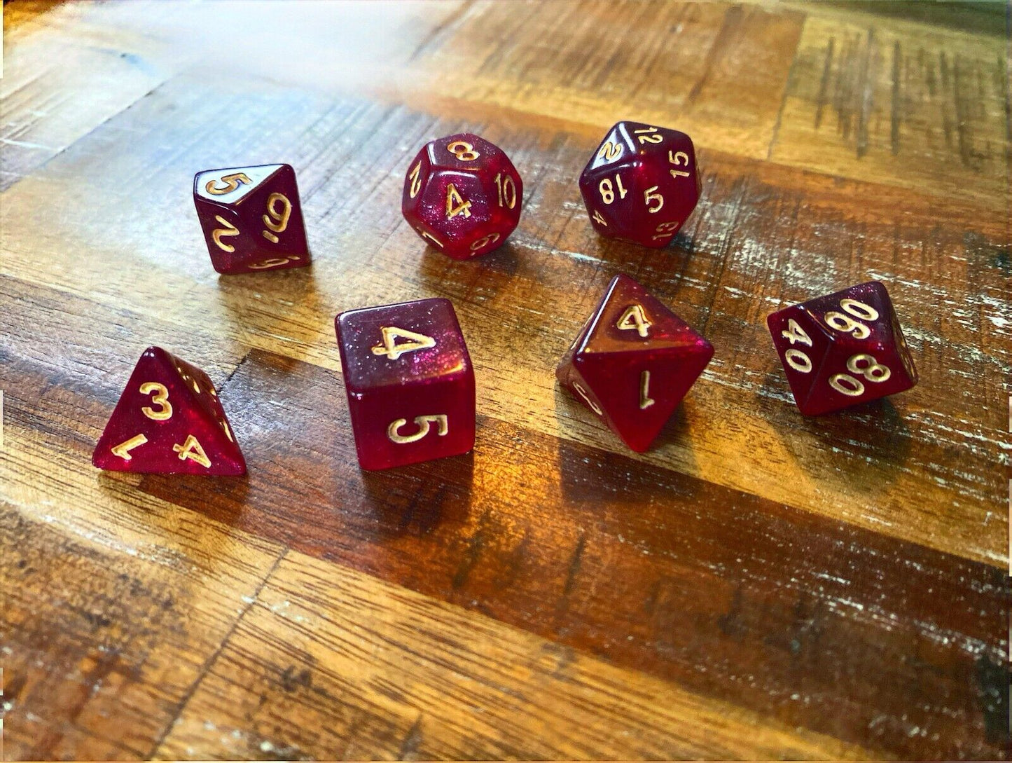 Set of 7 TTRPG Gaming Dice Dungeons & Dragons Pathfinder D20 Crimson Sparkle Red