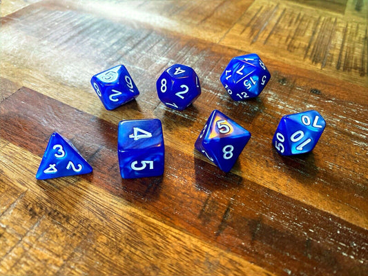 Set of 7 TTRPG Gaming Dice Dungeons & Dragons Pathfinder D20 Blue Marble White