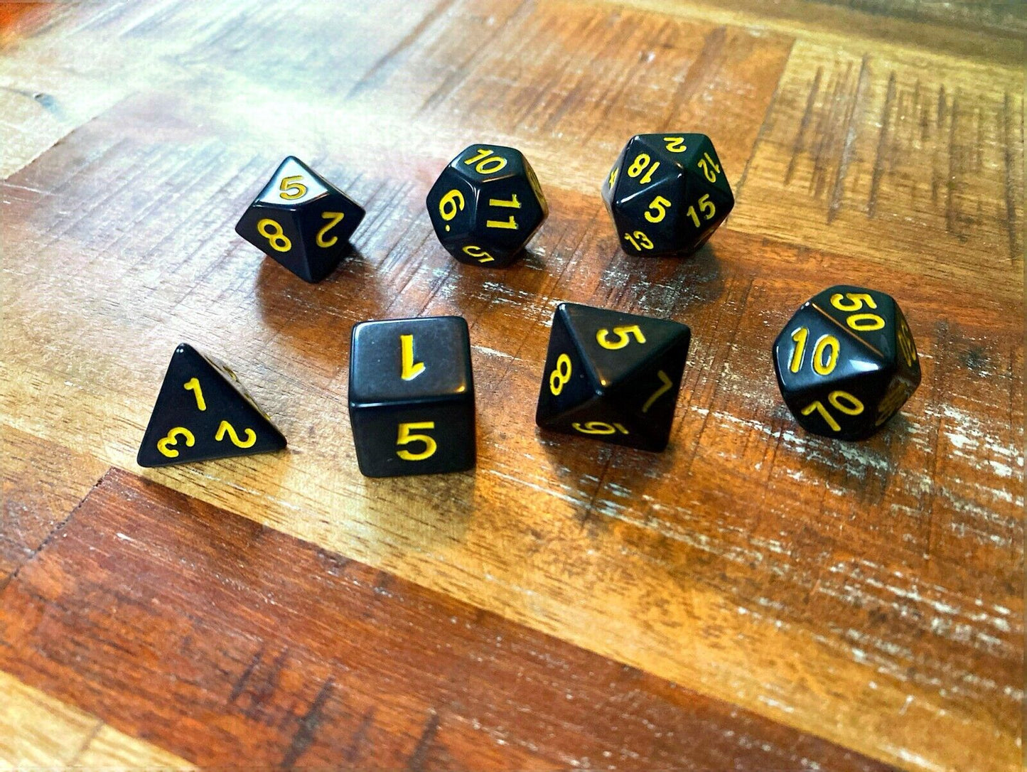 Set of 7 TTRPG Gaming Dice Dungeons & Dragons Pathfinder D20 Black Yellow Number