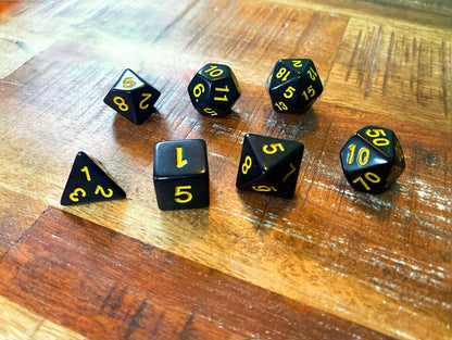 Set of 7 TTRPG Gaming Dice Dungeons & Dragons Pathfinder D20 Black Yellow Number