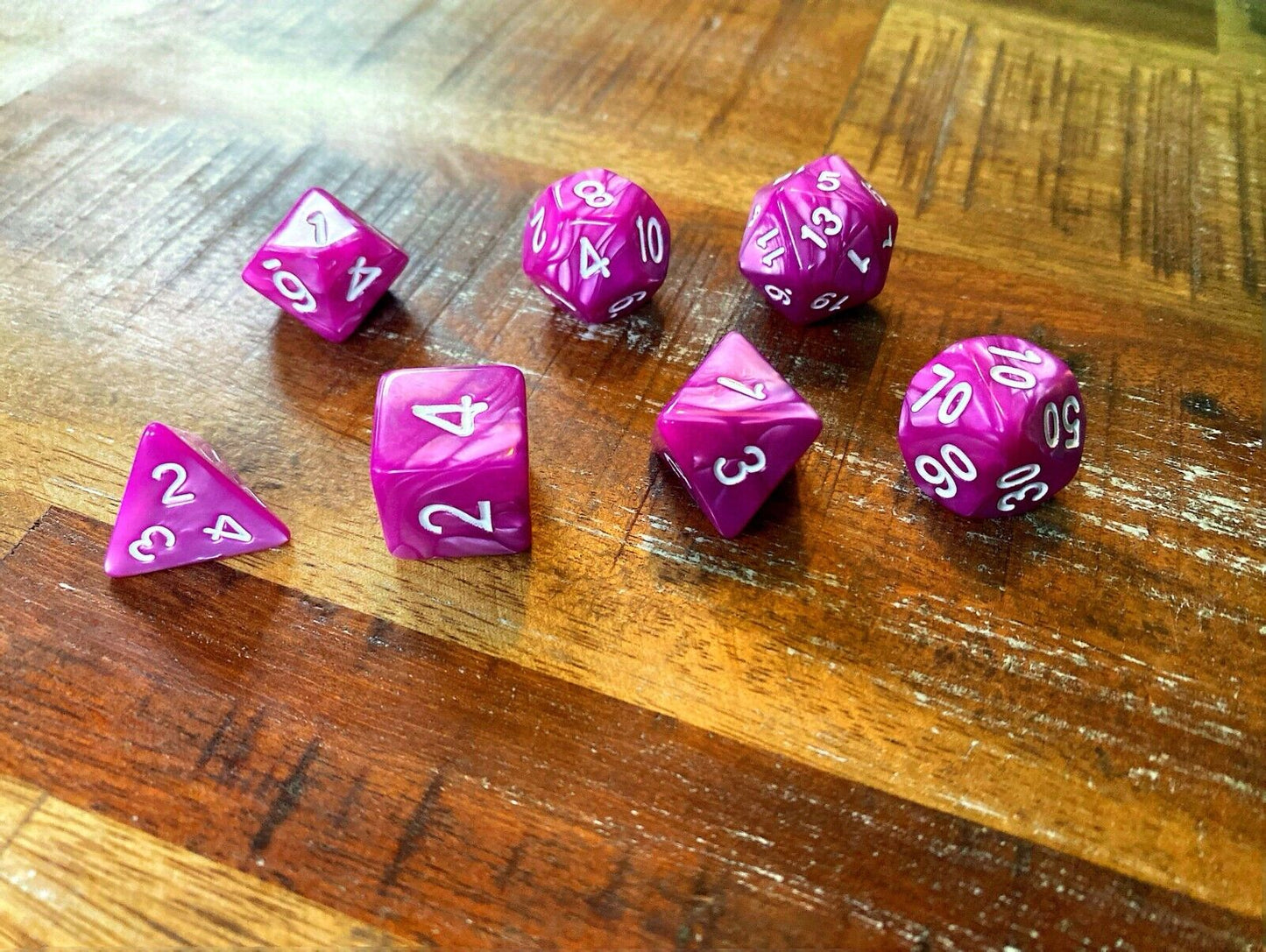 Set of 7 TTRPG Gaming Dice Dungeons & Dragons Pathfinder D20 Magenta Purple Pink
