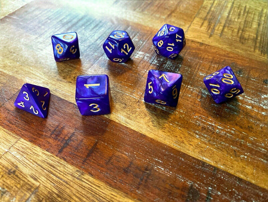 Set of 7 TTRPG Gaming Dice Dungeons & Dragons Pathfinder D20 Purple Marble Gold