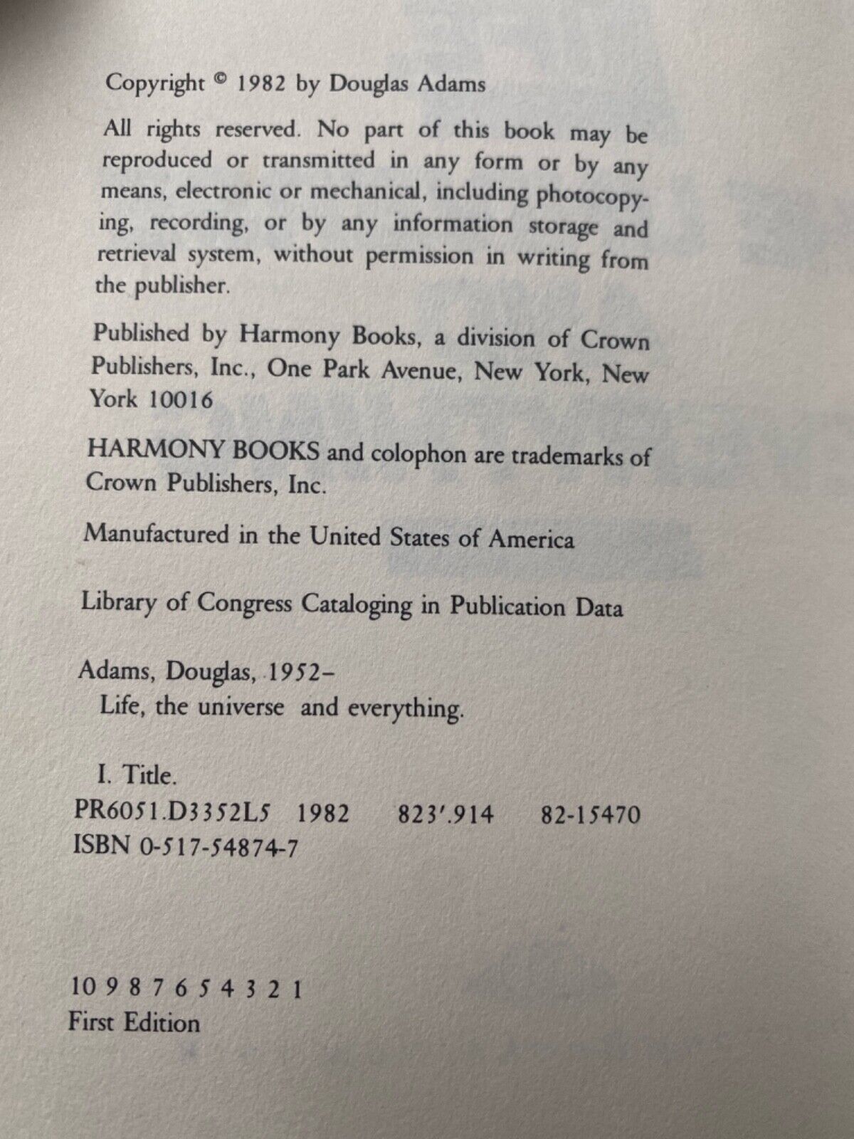 Life, the Universe and Everything by Douglas Adams 1982 Harmony Hardcover First