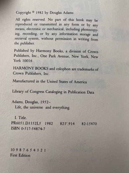 Life, the Universe and Everything by Douglas Adams 1982 Harmony Hardcover First