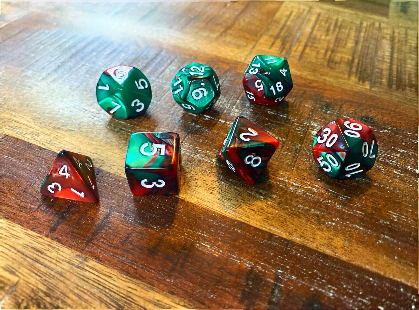Set of 7 TTRPG Gaming Dice Dungeons & Dragons Pathfinder D20 Red Green Marble
