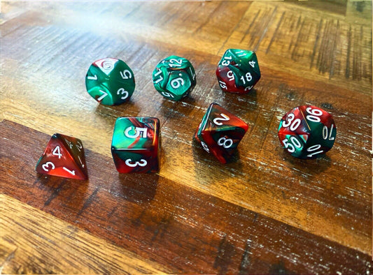 Set of 7 TTRPG Gaming Dice Dungeons & Dragons Pathfinder D20 Red Green Marble