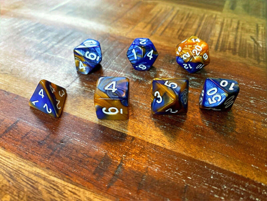 Set of 7 TTRPG Gaming Dice Dungeons & Dragons Pathfinder D20 Blue Tan Marble