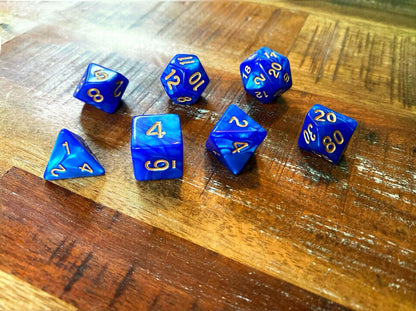 Set of 7 TTRPG Gaming Dice Dungeons & Dragons Pathfinder D20 Blue Marble Gold