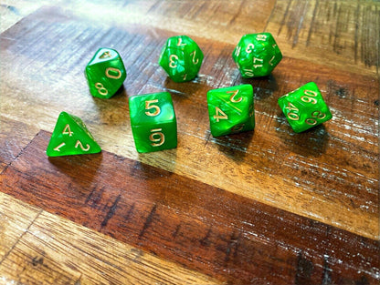 Set of 7 TTRPG Gaming Dice Dungeons & Dragons Pathfinder D20 Kelly Green Marble