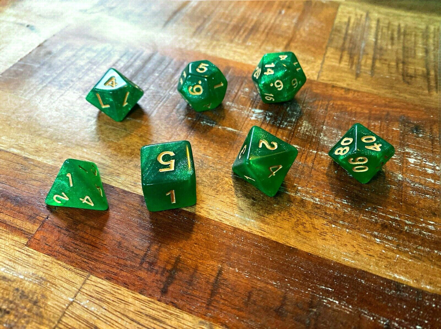 Set of 7 TTRPG Gaming Dice Dungeons & Dragons Pathfinder D20 Green Sparkle
