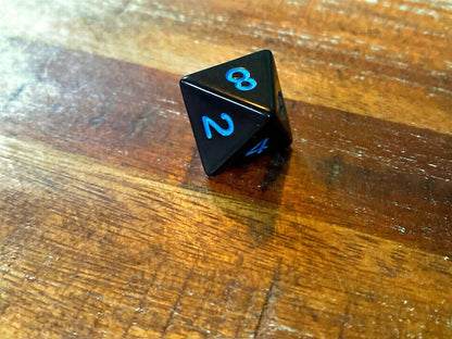 Set of 7 TTRPG Gaming Dice Dungeons & Dragons Pathfinder D20 Black Blue Number