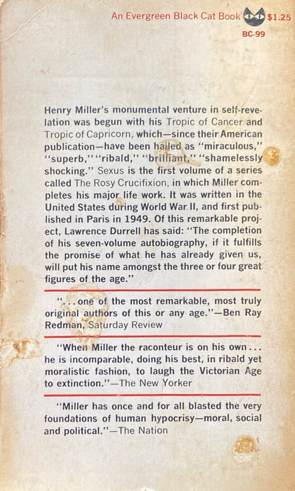 Sexus by Henry Miller 1965 Grove Press BC-99 Paperback First Printing