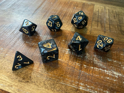 Set of 7 TTRPG Gaming Dice Dungeons & Dragons Pathfinder D20 Black Marble